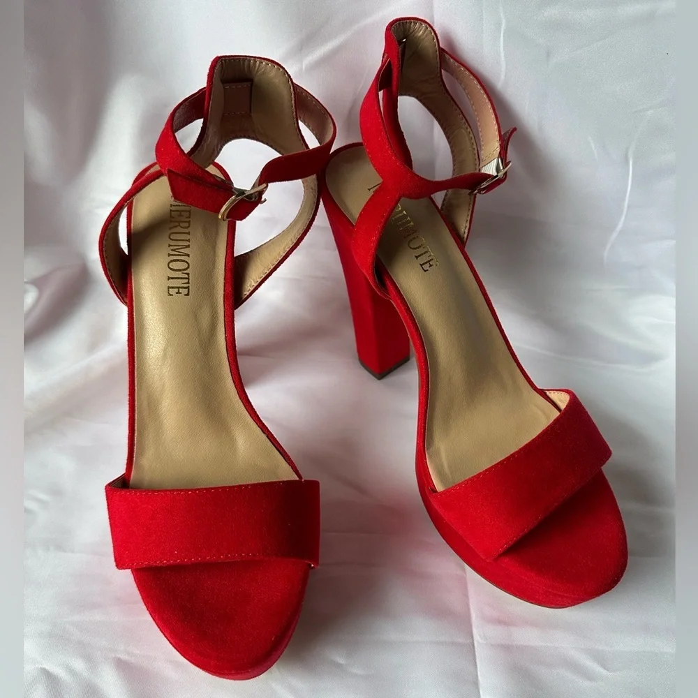 Merumote Red Platform Block Heel Sandals Women’s 8.5 Ankle Strap Open Toe